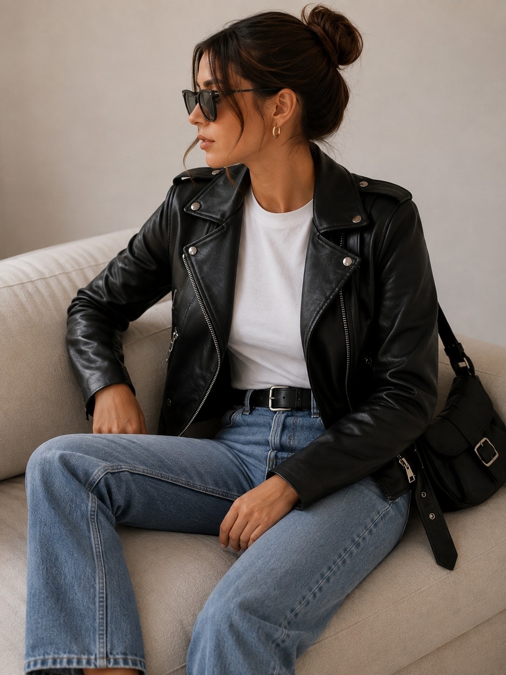 All Saints Balfern Leather Biker Jacket with Silver Hardware US 2, EUR 34